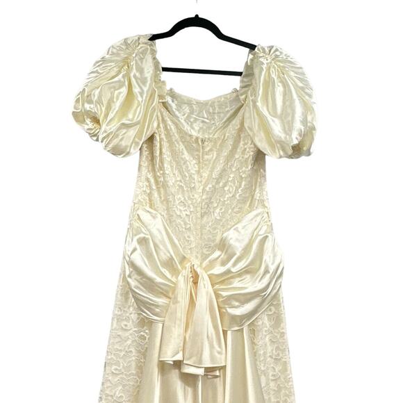 VTG 90s Formal Dress M Ivory Puff Sleeve Wedding Lace Glam Satin Union Prom US - Picture 5 of 16